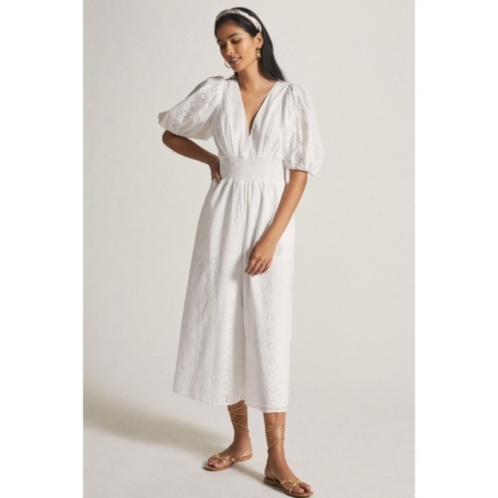 Anthropologie Hutch Smocked-Waist Eyelet Wide Leg Jumpsuit White Medium